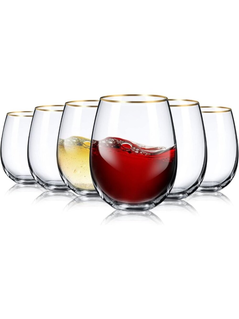 Elegant Stemless Wine Glasses Set of 6, 17 oz with Gold Rim - Perfect for Red